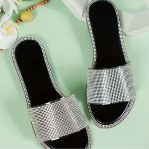 Size 7.5
Women's Rhinestone Flat Slippers, Glitter Open Toe  Slides Shoes